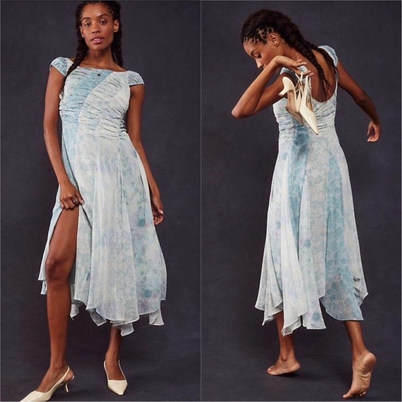 Free People Dresses & Skirts - Free People Dress Heart To Heart Midi Flowy Fairycore Floral Blue Sz 12
